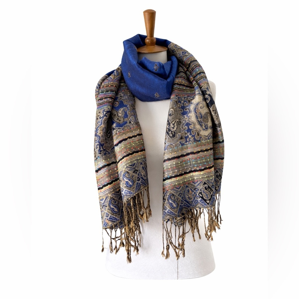Blue Paisley Jacquard Woven Scarf Wrap Fringe Soft Lightweight